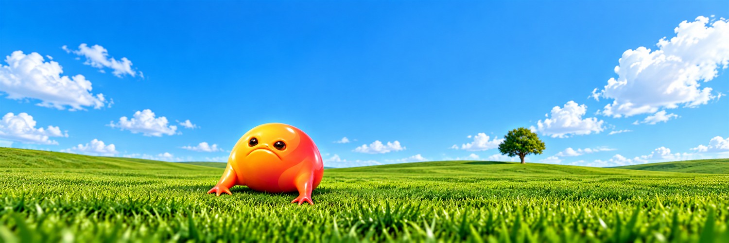 Emberfrog alone in a vast bright meadow