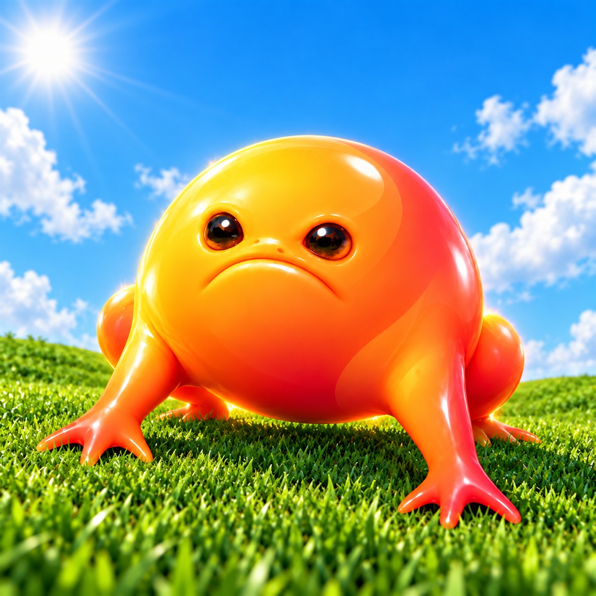 EMBERFROG ready to leap beneath a bright blue sky