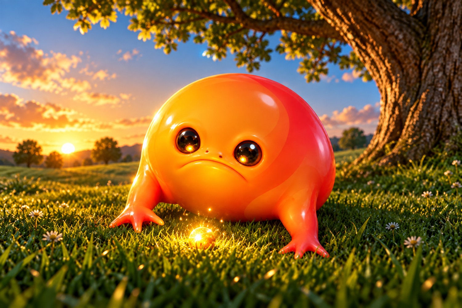 Emberfrog discovering a glowing ember beneath a tree at sunset