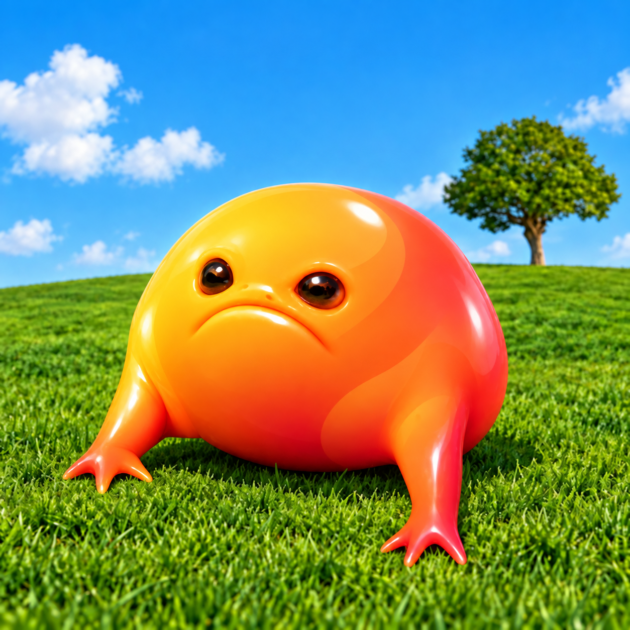 Glossy orange Emberfrog sitting in a bright green meadow